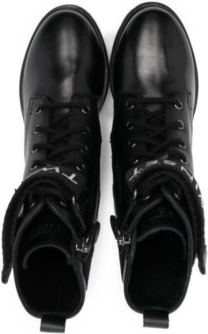 TWINSET Kids logo-strap leather combat boots Black