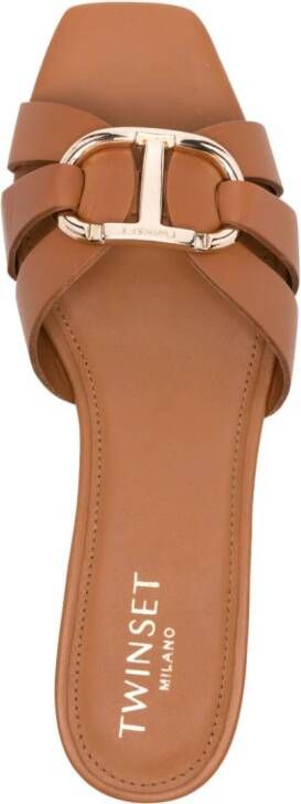 TWINSET Oval T-plaque leather slides Brown
