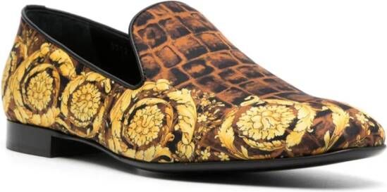 Versace Baroccodile-print satin slippers Yellow