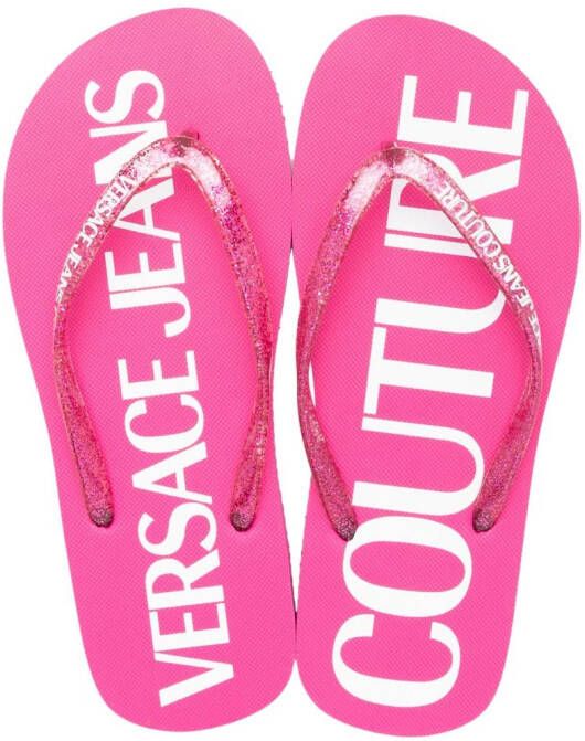 Versace Jeans Couture logo-print glitter flip flops Pink