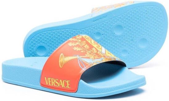 Versace Kids Barocco-print flat slides Blue