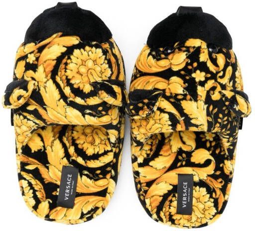 Versace Kids baroque floral slippers Black