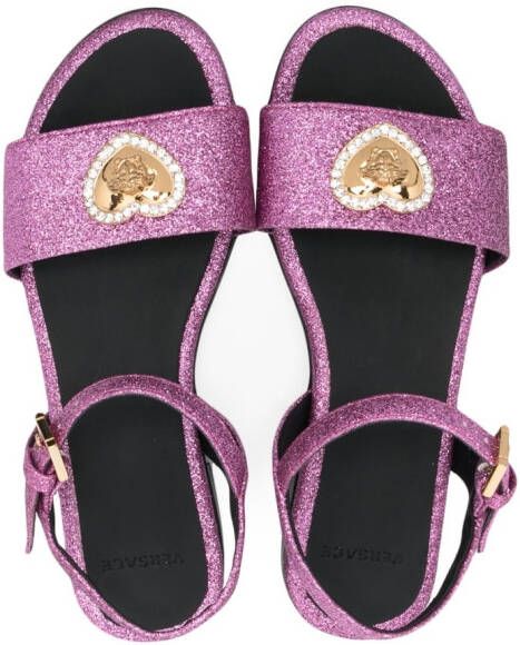 Versace Kids Crystal Hearts glitter leather sandals Pink