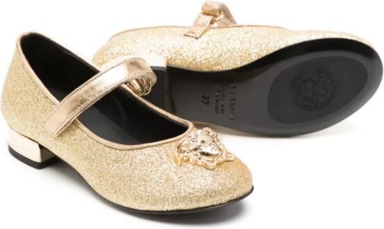 Versace Kids Medusa-plaque metallic leather ballerina shoes Gold