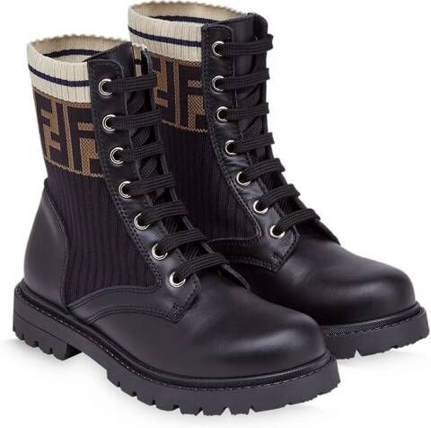 Fendi Kids FF motif lace-up leather boots Black