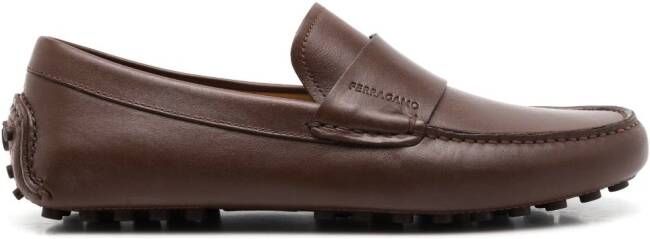 Ferragamo almond-toe leather saddle loafers Brown