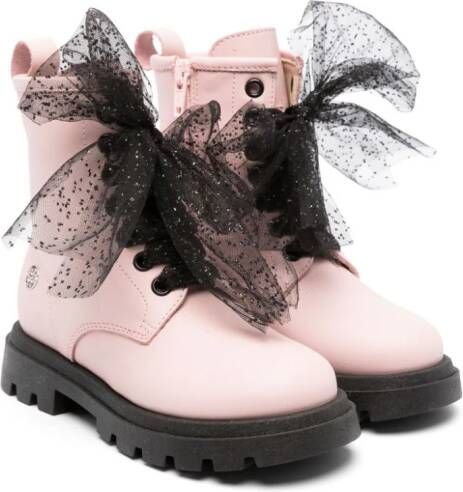 Florens bow-tulle detail leather boots Pink