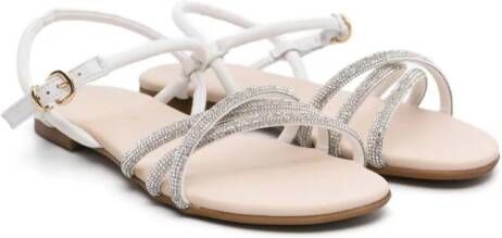 Florens rhinestoned flat leather sandals White