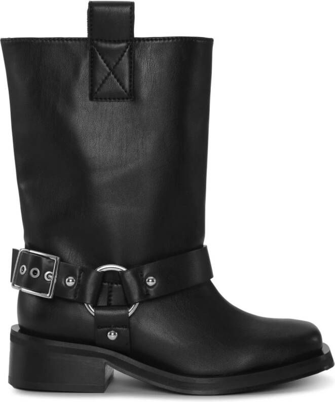 GANNI buckle-strap leather biker boots Black