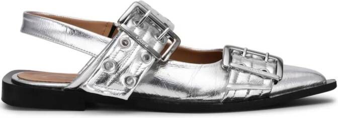 GANNI double-buckled metallic-effect ballerina shoes Silver