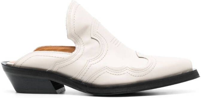 GANNI 40mm embroidered western leather mules Neutrals