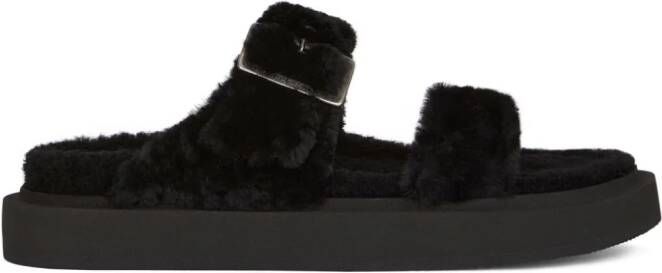 Giuseppe Zanotti Furry buckled sheepskin slides Black