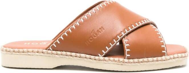 Hogan crossover-strap leather slides Brown