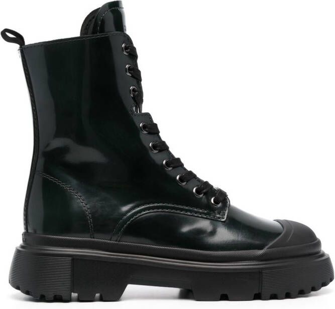 Hogan lace-up leather combat boots Green