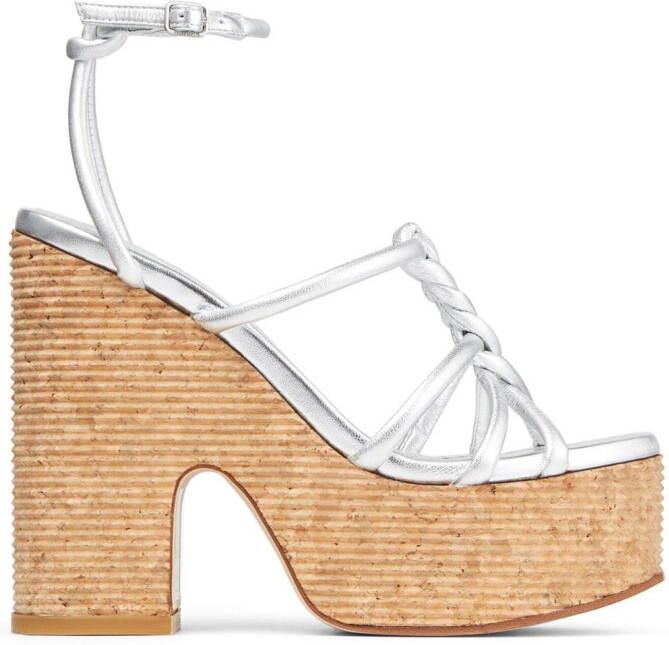 Jimmy Choo Clare 130mm metallic leather wedge sandals Silver