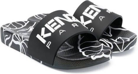 Kenzo Kids all-over print logo slippers Black
