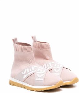 Kenzo Kids flyknit logo strap high-top sneakers Pink
