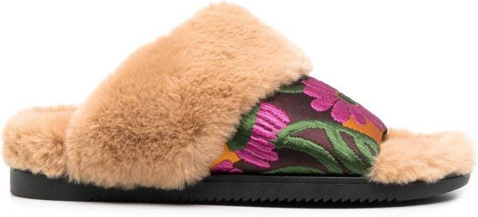 La DoubleJ faux-fur floral strap slides Neutrals