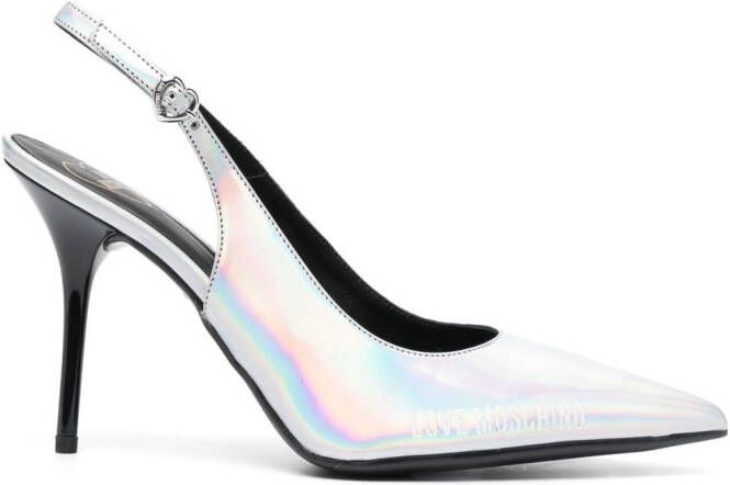 Love Moschino 100mm logo-print holographic pumps Silver