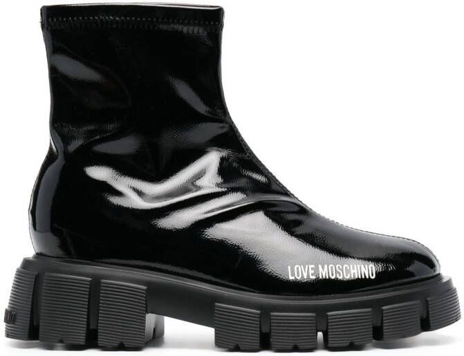 Love Moschino high-shine logo-print 50mm boots Black