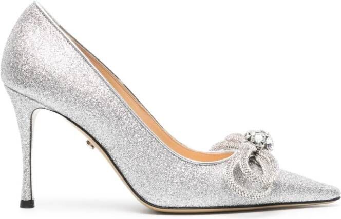 MACH & MACH Double Bow 90mm glittered pumps Silver