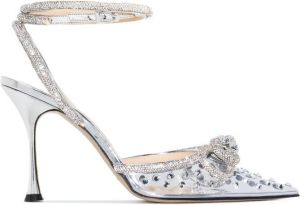 MACH & MACH Double Bow 100mm crystal-embellished pumps Silver