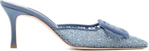 Manolo Blahnik buckle-detail patterned-lace mules Blue