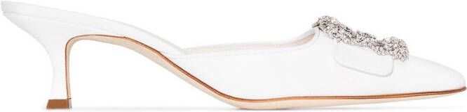 Manolo Blahnik Maysale 50mm jewel buckle mules White