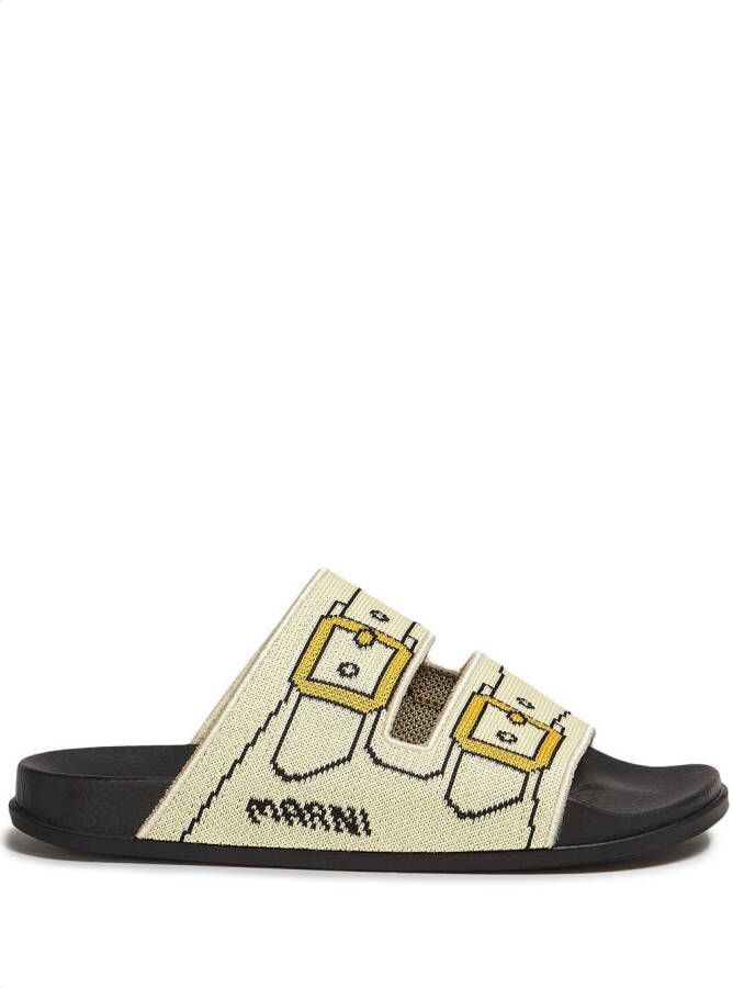Marni buckle-print double-strap slides Neutrals