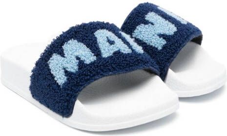 Marni Kids logo-print fleece flip flops Blue