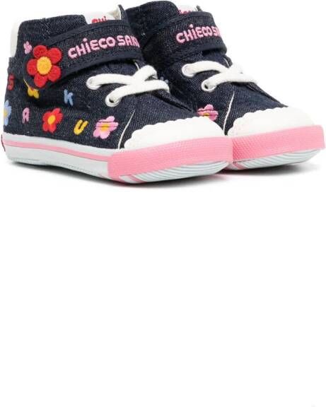 Miki House floral-embroidered denim sneakers Blue