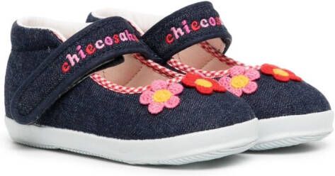 Miki House floral-embroidery denim ballerina shoes Blue
