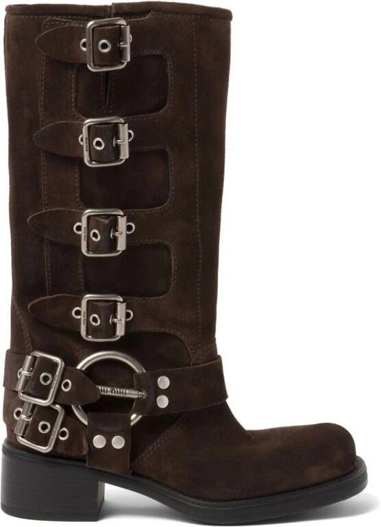Miu buckle-detail block-heel boots Brown