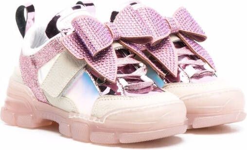 Monnalisa bow-detail rhinestone-embellished chunky leather sneakers Pink