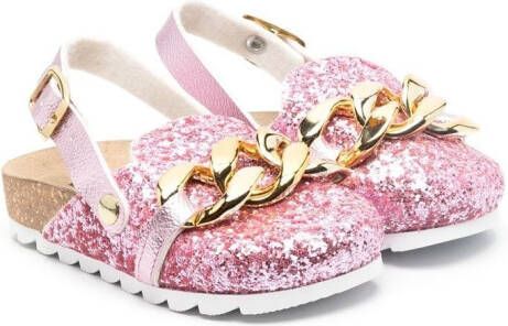 Monnalisa glitter-embellished chain-detail slippers Pink