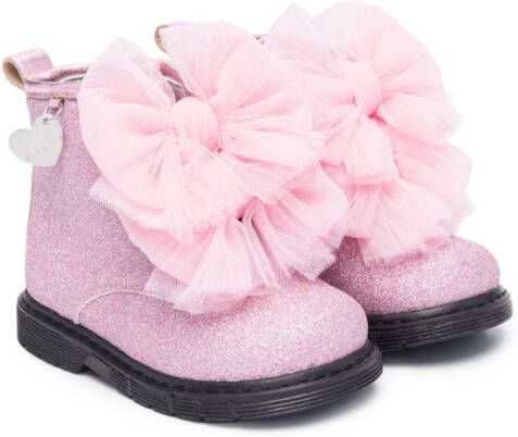 Monnalisa oversize-bow glitter ankle boots Pink