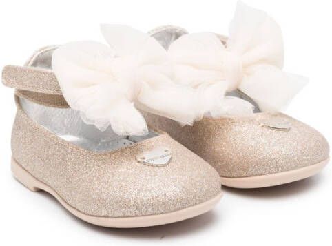 Monnalisa oversized-bow glitter ballerina shoes Gold