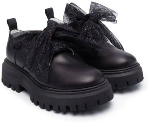 Monnalisa tulle-bow leather loafers Black
