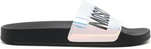 Moschino iridescent logo-strap slides Silver