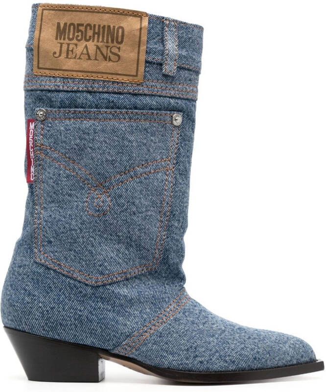 MOSCHINO JEANS 45mm logo-patch denim boots Blue