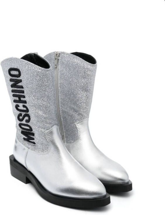 Moschino Kids logo-embroidered knee-high boots Silver