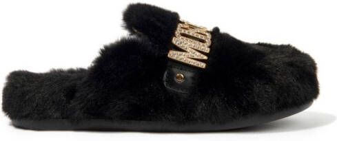 Moschino Kids logo-lettering faux-fur slippers Black