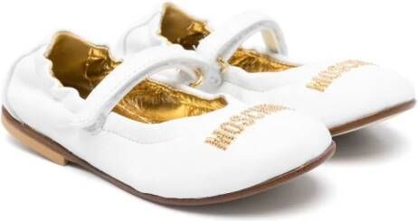 Moschino Kids logo-lettering leather ballerina shoes White