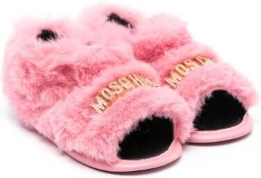 Moschino Kids logo-lettering shearling slippers Pink