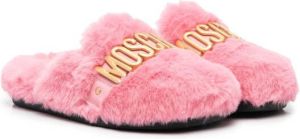 Moschino Kids logo-plaque faux-fur slippers Pink