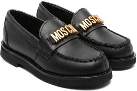 Moschino Kids logo-plaque leather moccasins Black