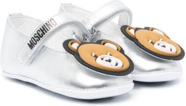 Moschino Kids Teddy Bear-patch metallic ballerina shoes Silver
