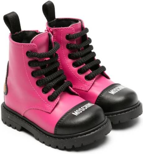 Moschino Kids Teddy-patch leather combat boots Pink
