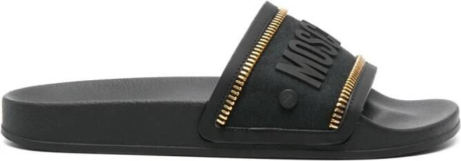 Moschino logo-embossed zip-detail slides Black