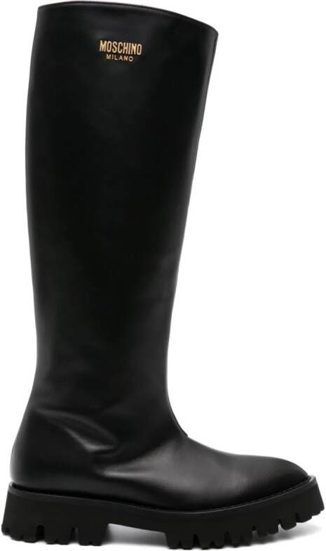 Moschino logo-plaque leather knee-high boots Black
